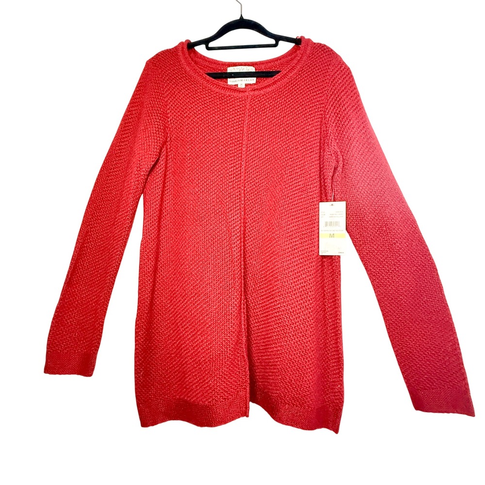 Debbie Morgan Red Cherry Tuck Stitch Scoop Neck Tunic Sweater 3JA90781A Womens M